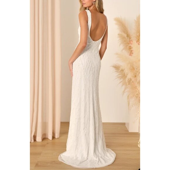 Lulus Glamourous Ever After White Sequin Beaded Backless Maxi Wedding Dress Sz S - Picture 1 of 16